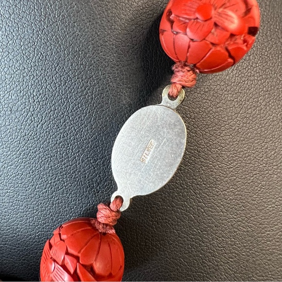 Vintage Authentic Cinnabar Set of Necklace, Bangle Bracelet & Pierced Earrings - Picture 11 of 14
